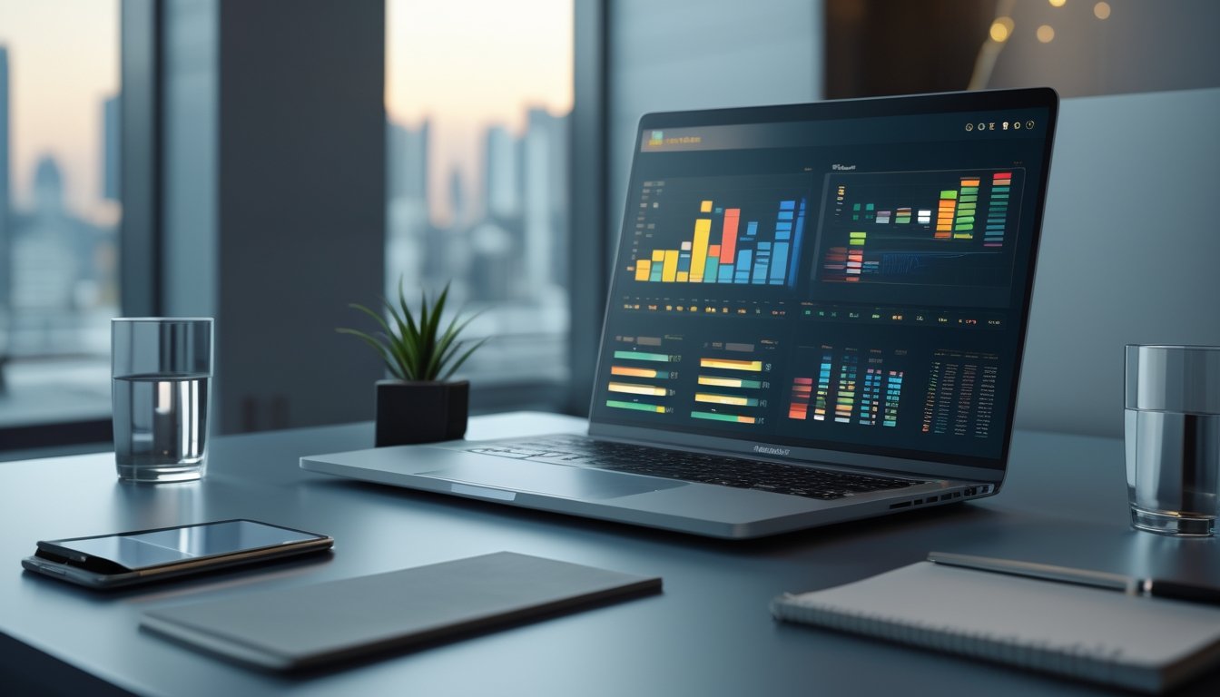 Laptop dengan grafik analisis abstrak di atas meja kerja modern, ditemani ponsel, buku catatan, dan pena.