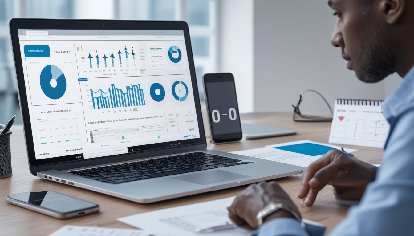 Seorang analis memeriksa data pada laptop dengan alat tulis dan kaca pembesar di meja kerja.