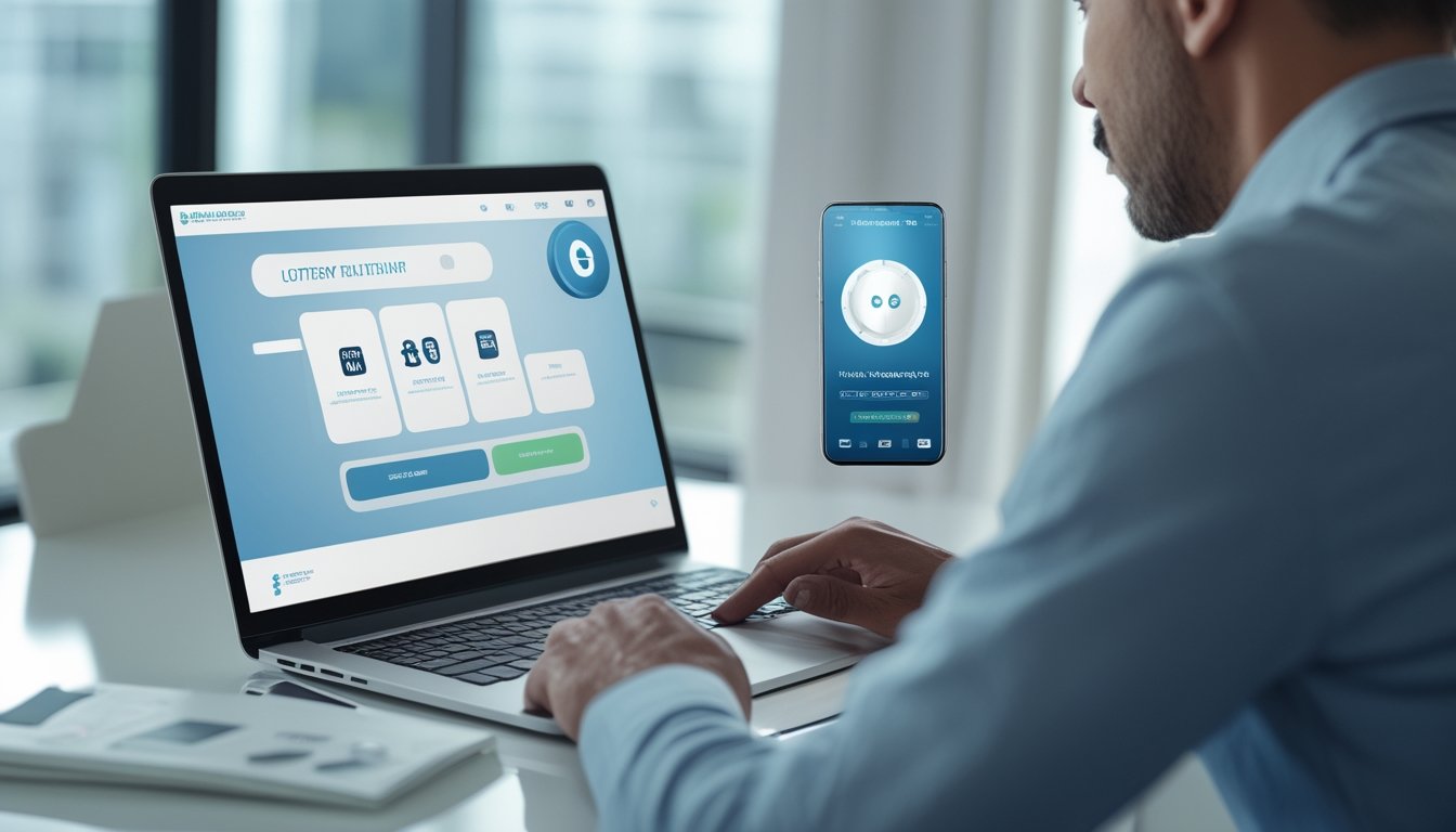 Seseorang memeriksa beberapa pilihan platform pembayaran digital melalui laptop dan ponsel di ruang kerja modern.
