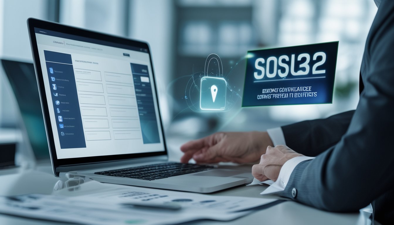 Seorang profesional memeriksa laptop dan ponsel dengan simbol verifikasi, keamanan, serta pembayaran digital di meja kerja.