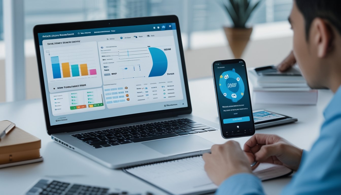 Seorang analis memeriksa grafik data abstrak pada laptop dan ponsel di meja kerja modern.