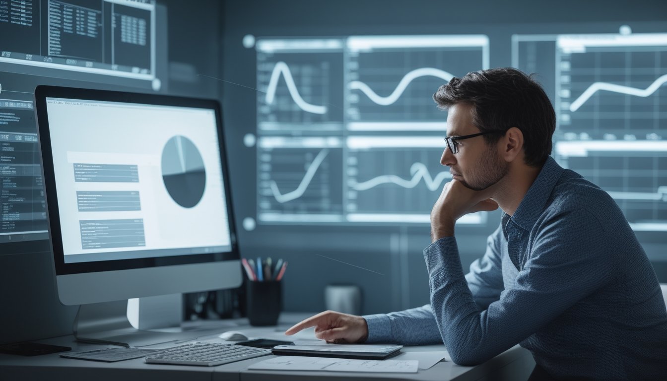 Seorang analis meninjau grafik statistik dan pola angka abstrak di meja kerja.