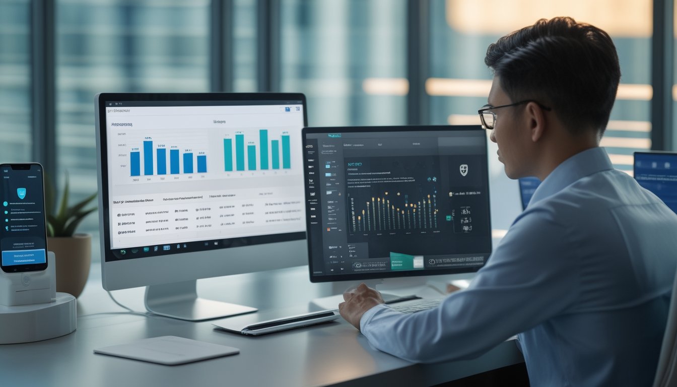 Seorang analis dewasa memeriksa grafik data abstrak di ruang kerja modern dengan laptop, monitor, dan ponsel.