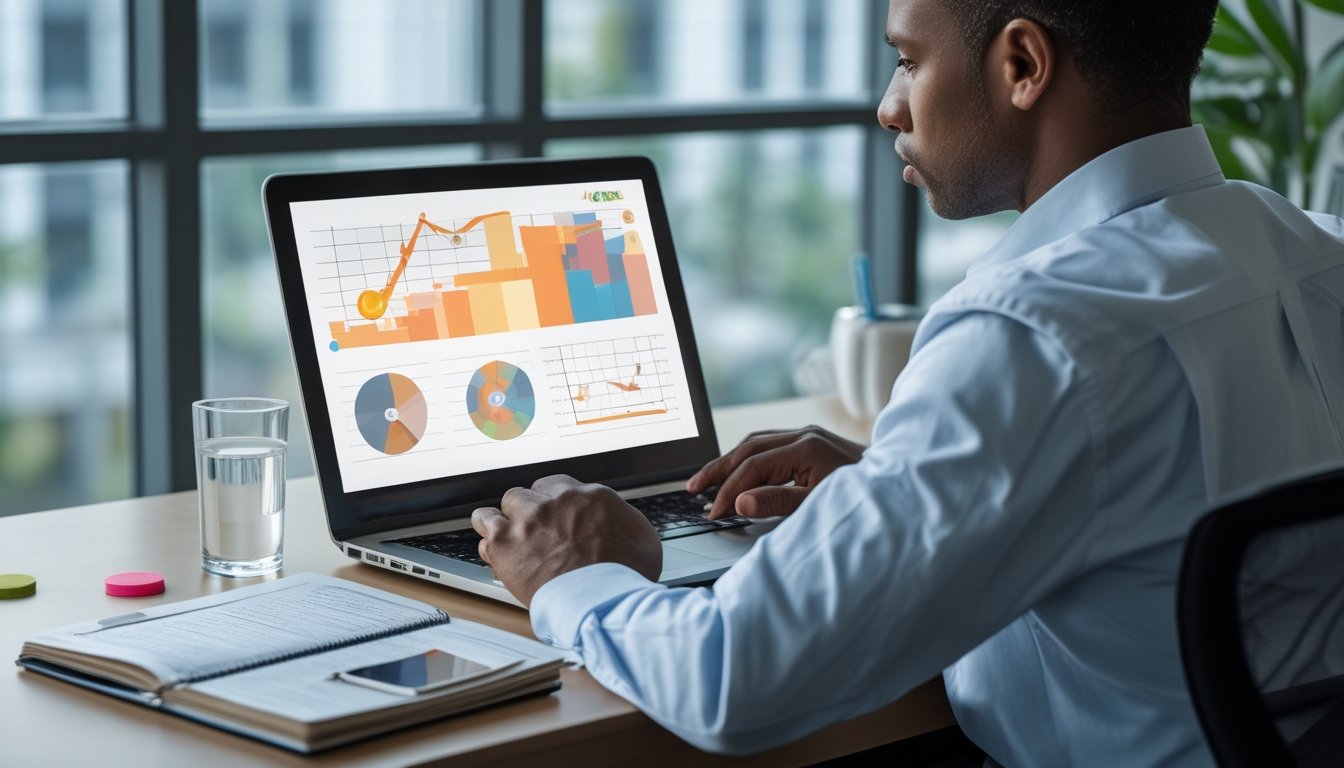 Seorang analis mempelajari grafik risiko abstrak di laptop pada meja kerja modern.