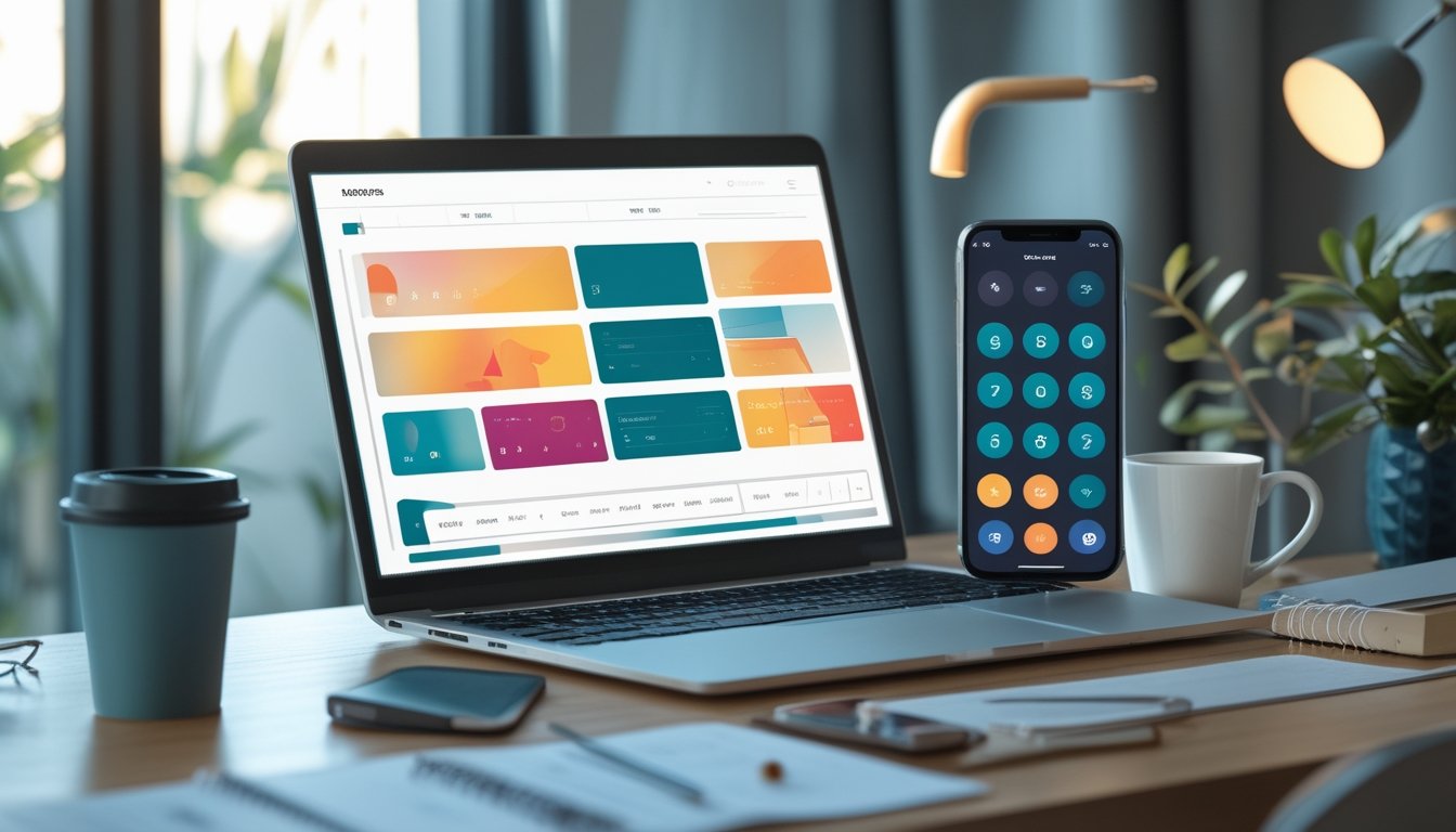 Laptop dan ponsel menampilkan dasbor digital abstrak di atas meja kerja modern.