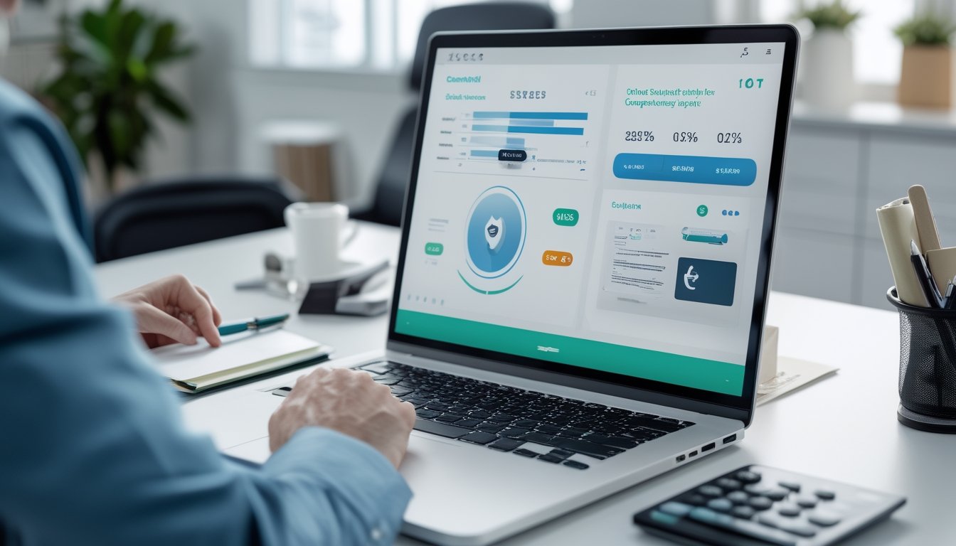 Seseorang menilai informasi platform digital menggunakan laptop, ponsel, dan catatan di meja kerja.