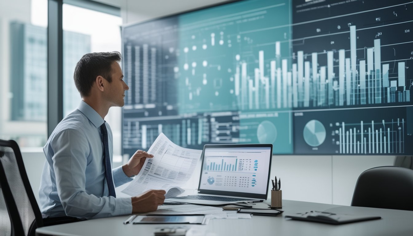 Seorang analis memeriksa pola angka dan grafik probabilitas di kantor modern.
