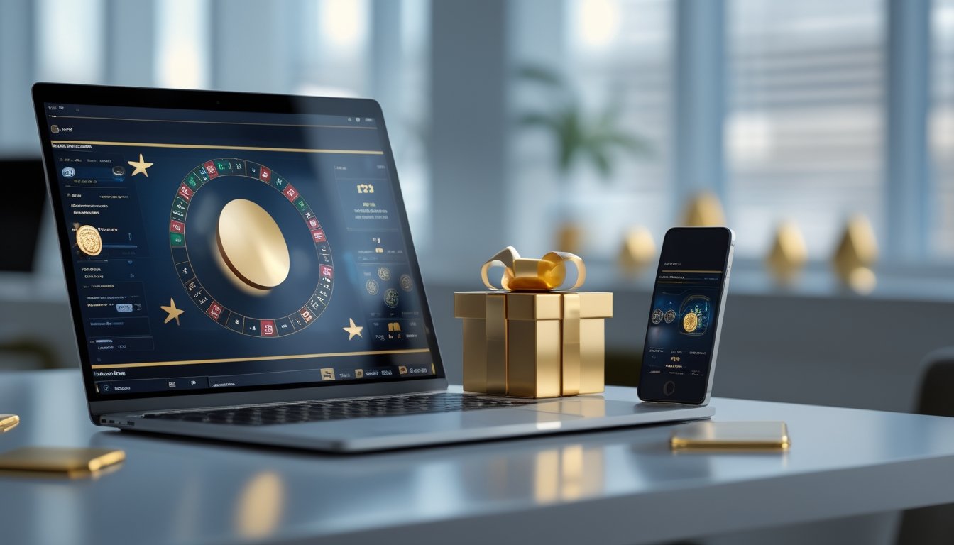 Laptop dan ponsel dengan simbol hadiah di ruang kerja modern.