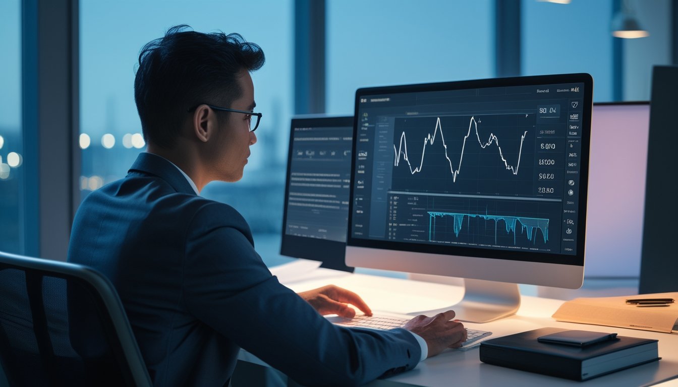 Seorang analis mempelajari grafik data dan pola angka di meja kerja pada suasana malam.