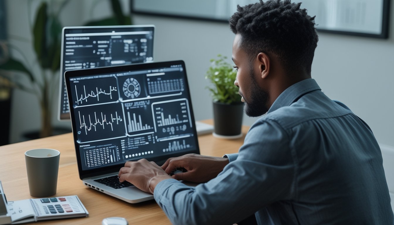 Seorang analis mempelajari grafik probabilitas dan pola angka acak di laptop pada ruang kerja modern.