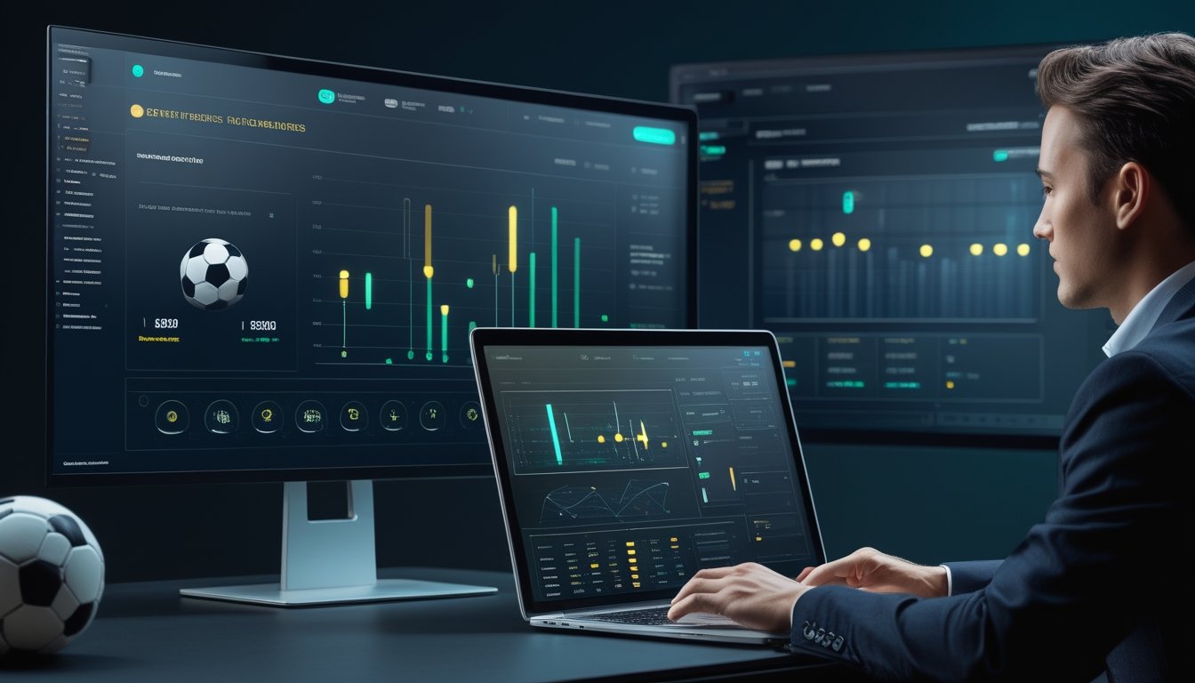 Analis profesional melihat dashboard abstrak olahraga dan data prediksi di depan laptop dan monitor.