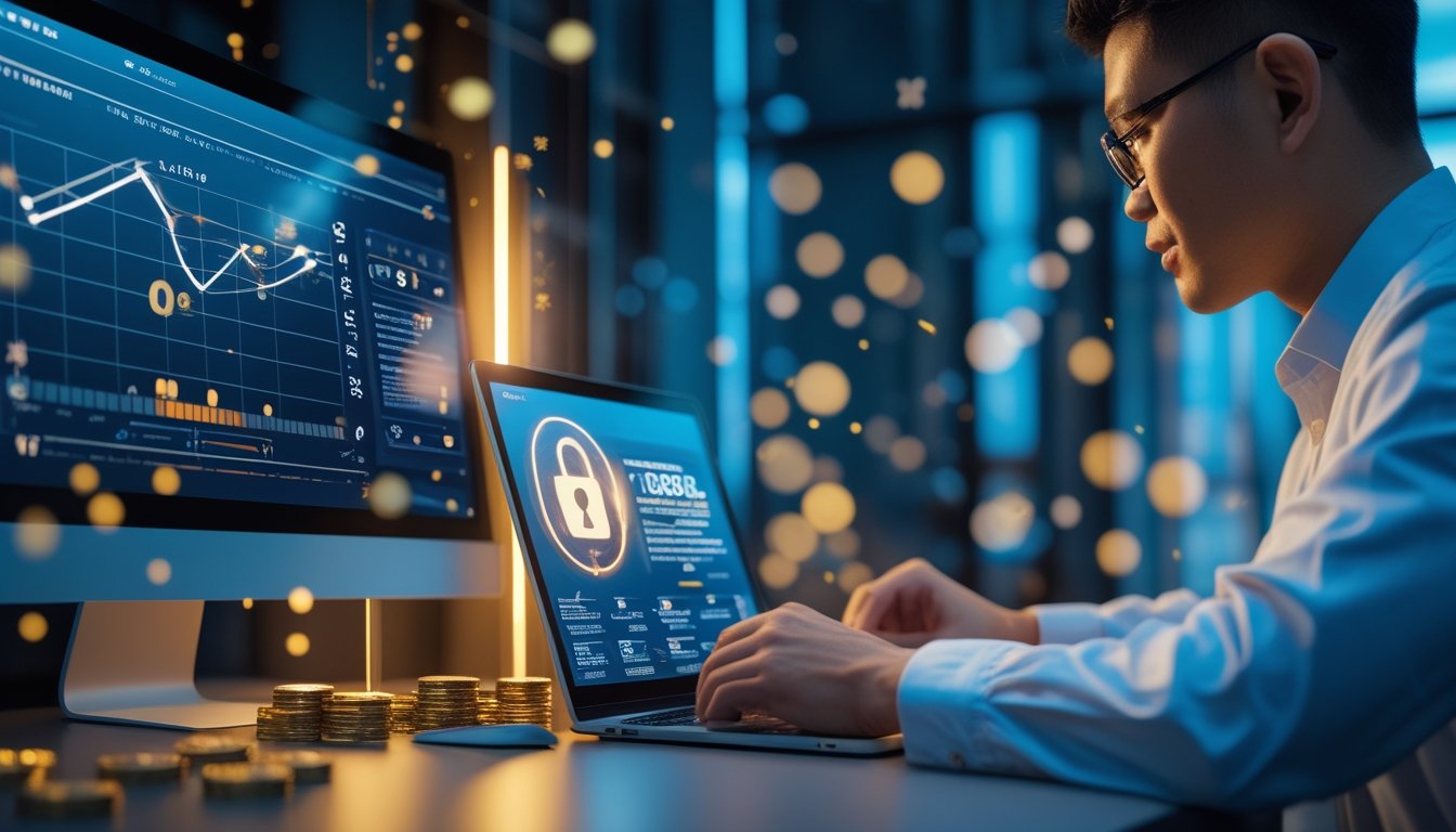 Seorang profesional menganalisis data angka dan grafik pada laptop dan tablet di meja kerja modern.