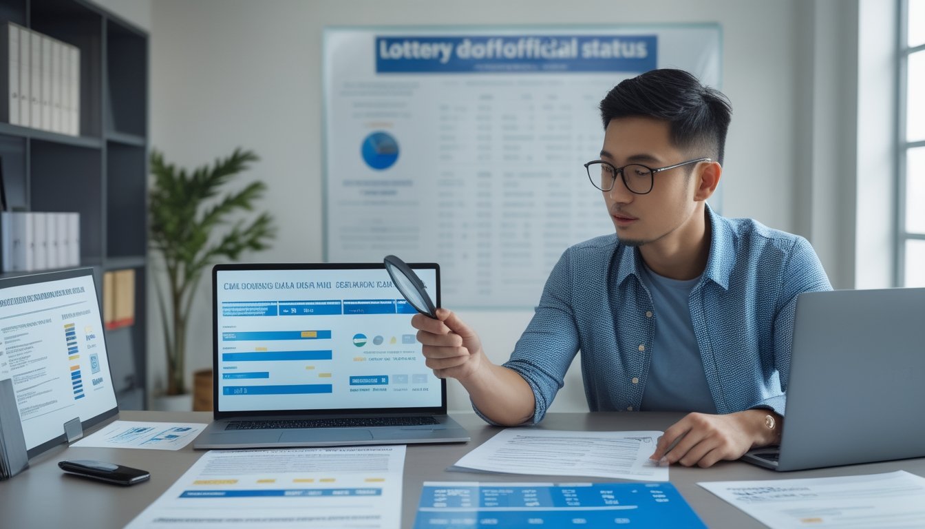 Seorang analis memeriksa dokumen regulasi dan data statistik terkait legalitas serta klaim situs togel di ruang kerja modern.