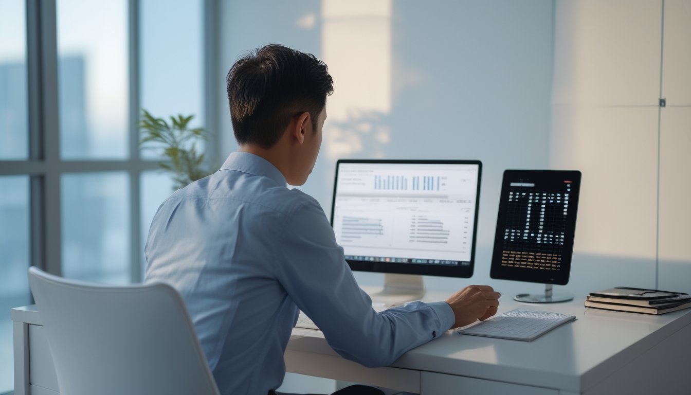 Seseorang menganalisis pola angka dan data pada perangkat digital di meja kerja.