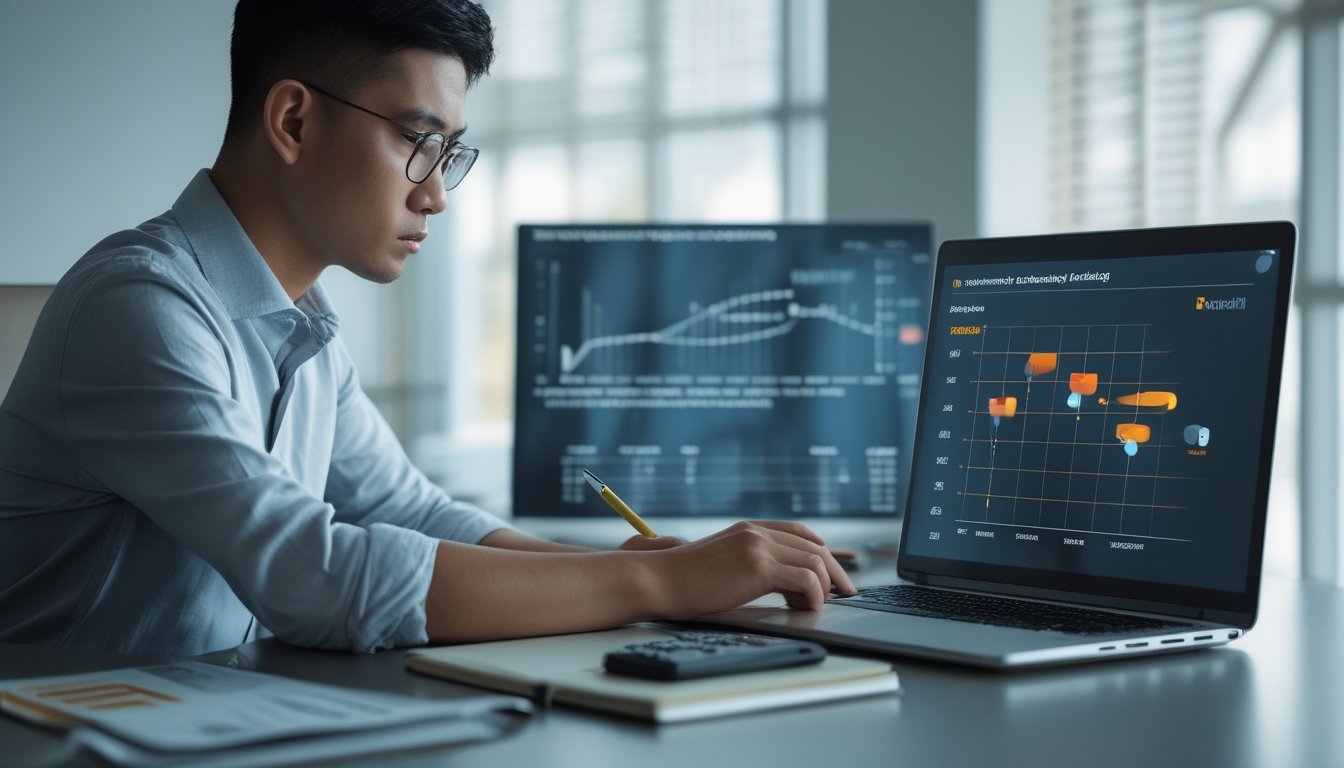 Seorang dewasa Indonesia menganalisis data dan risiko di meja kerja dengan laptop, kalkulator, dan dokumen.