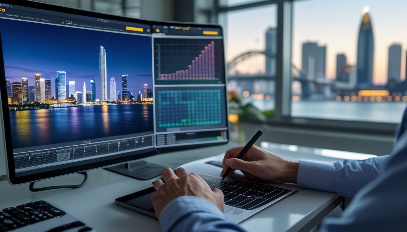 Meja kerja modern dengan laptop berisi grafik abstrak dan pemandangan kota Singapura, Hong Kong, serta Sydney.