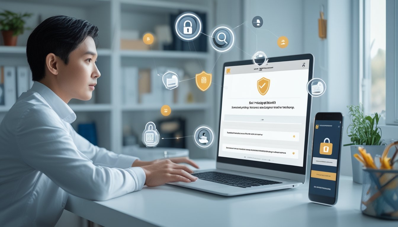 Seseorang memeriksa keamanan situs daring di laptop dengan simbol perisai dan gembok di meja kerja.