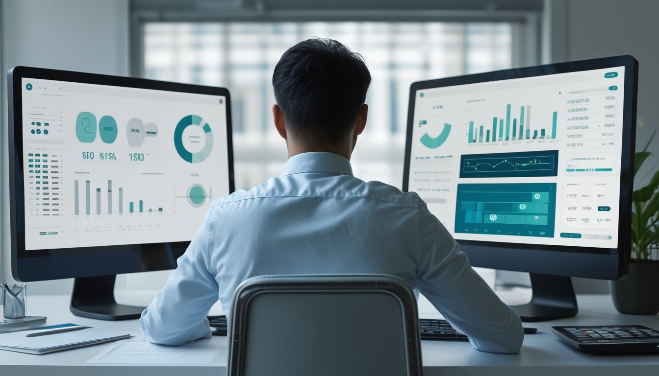 Seorang analis meninjau grafik dan pola data abstrak di meja kerja modern.