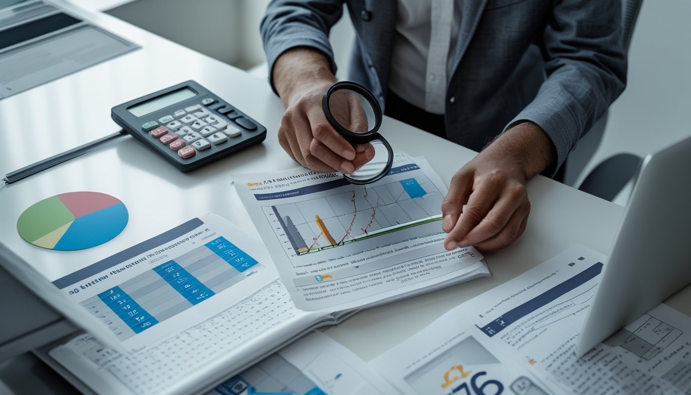 Seseorang memeriksa lembar angka dan data digital dengan kaca pembesar, kalkulator, serta catatan verifikasi di meja kerja.