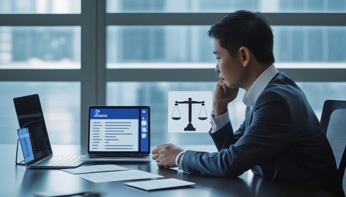 Orang dewasa memeriksa dokumen legalitas dan verifikasi usia di meja kerja dengan laptop dan simbol timbangan keadilan.