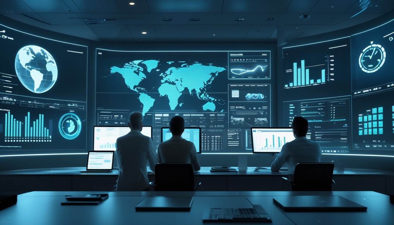 Tim analis memantau grafik data pada beberapa layar di ruang kerja modern.