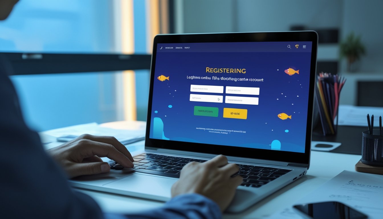 Seseorang mendaftarkan akun permainan arcade ikan secara daring menggunakan laptop di ruang kerja modern.