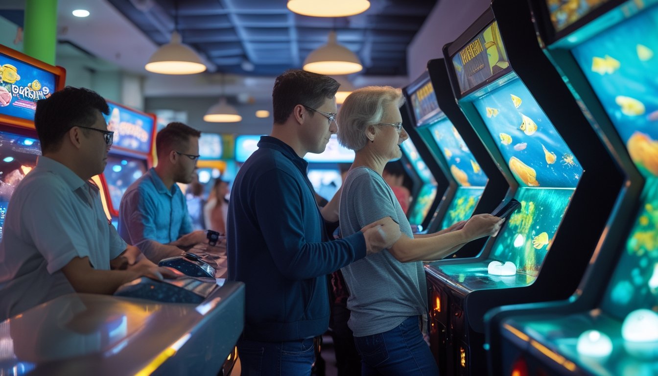 Orang dewasa bermain mesin arcade bertema ikan di tempat hiburan modern.