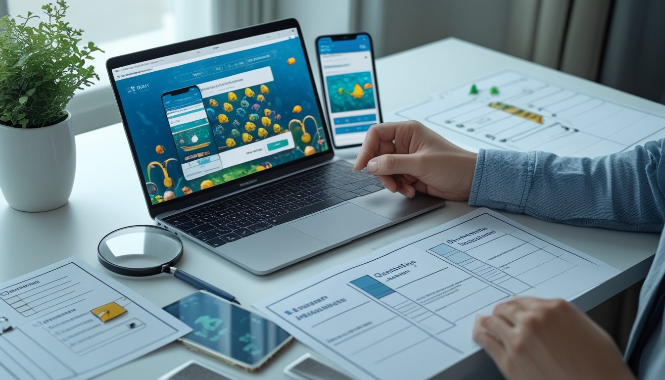 Meja kerja dengan laptop, ponsel, kalkulator, dan lembar perbandingan untuk mengevaluasi pilihan platform permainan.