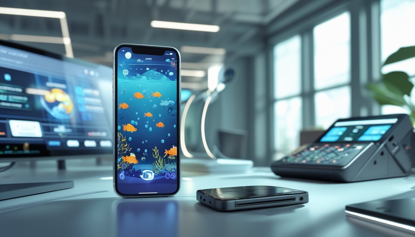 Ponsel menampilkan permainan ikan bawah laut di samping perangkat pembayaran digital pada meja modern.