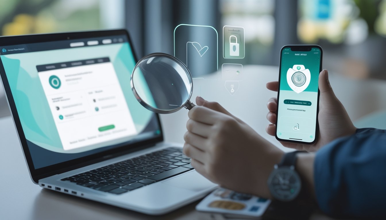 Tangan seseorang memeriksa laptop dan ponsel dengan simbol keamanan serta verifikasi.
