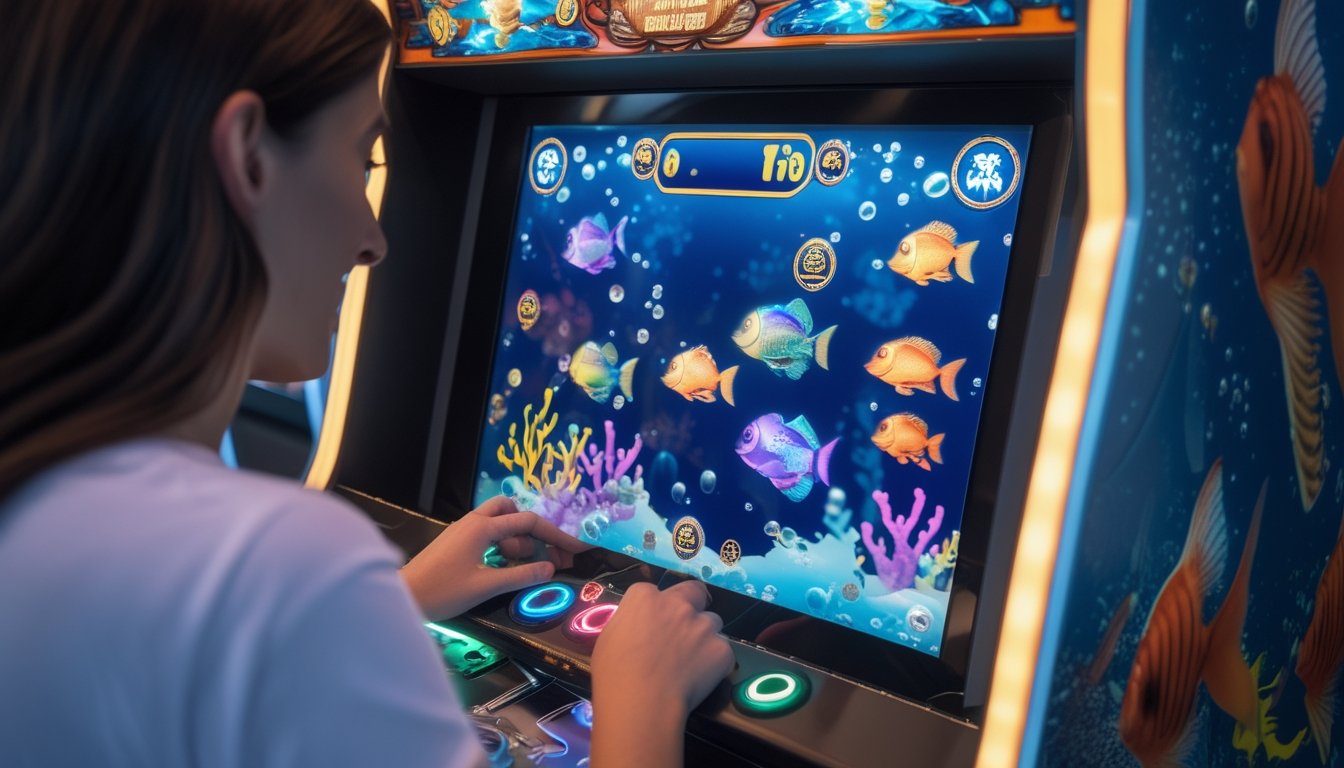 Orang dewasa memainkan mesin arcade bertema ikan dengan layar berisi ikan tropis dan indikator poin bercahaya.