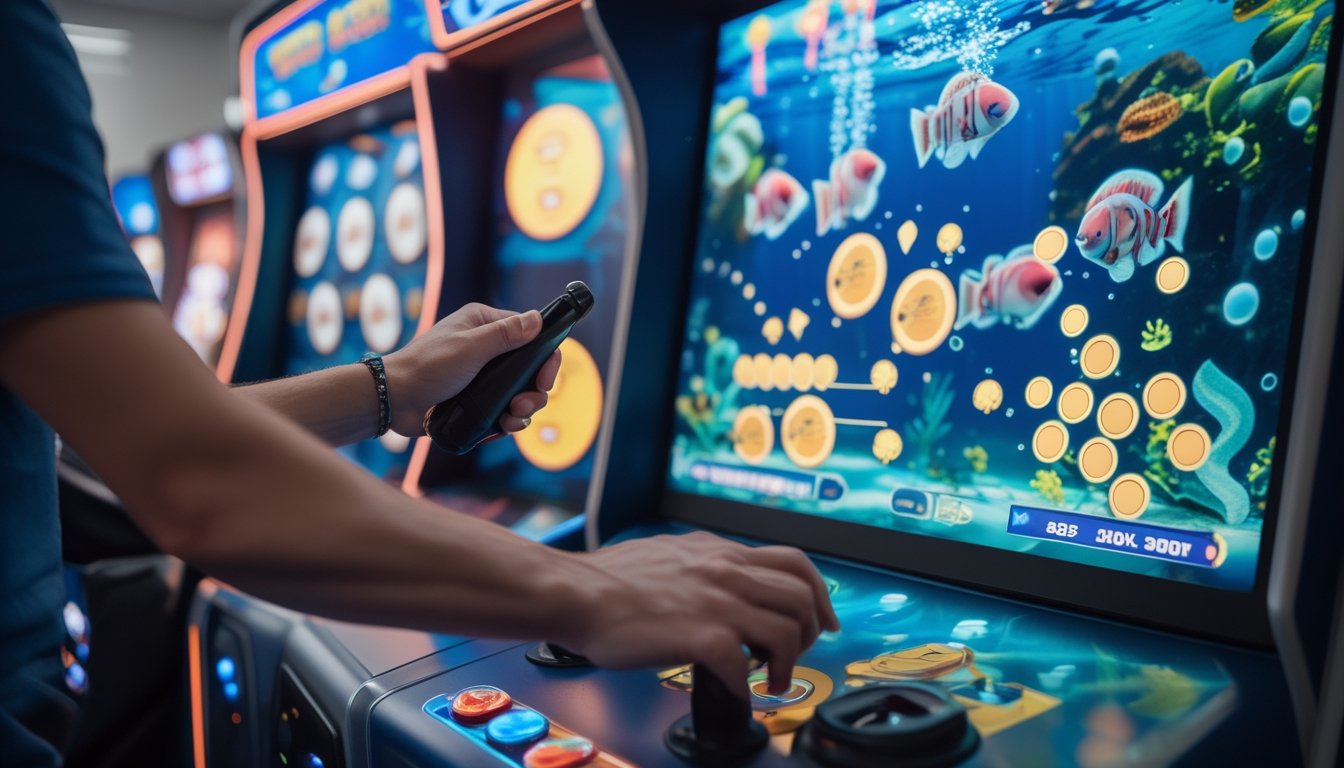 Tangan pemain mengoperasikan permainan arcade tembak ikan dengan tampilan ikan berwarna-warni dan efek hadiah bercahaya.