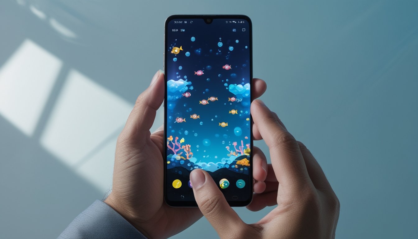 Seseorang memegang ponsel Android yang menampilkan permainan bertema bawah laut dengan ikan dan terumbu karang.