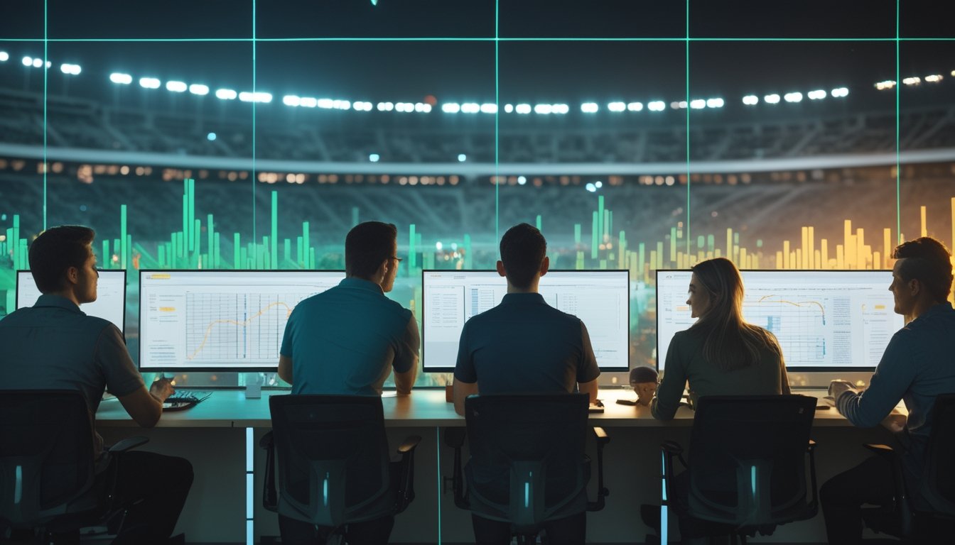 Analis memantau grafik dan data digital terkait pertandingan olahraga di ruang kerja modern.