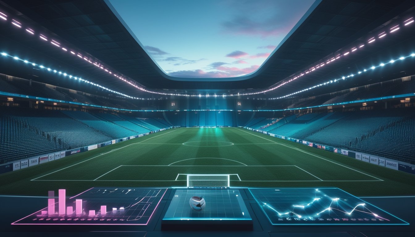 Stadion sepak bola modern dengan dua aliran cahaya data yang melambangkan perbandingan liga domestik Eropa dan turnamen internasional.