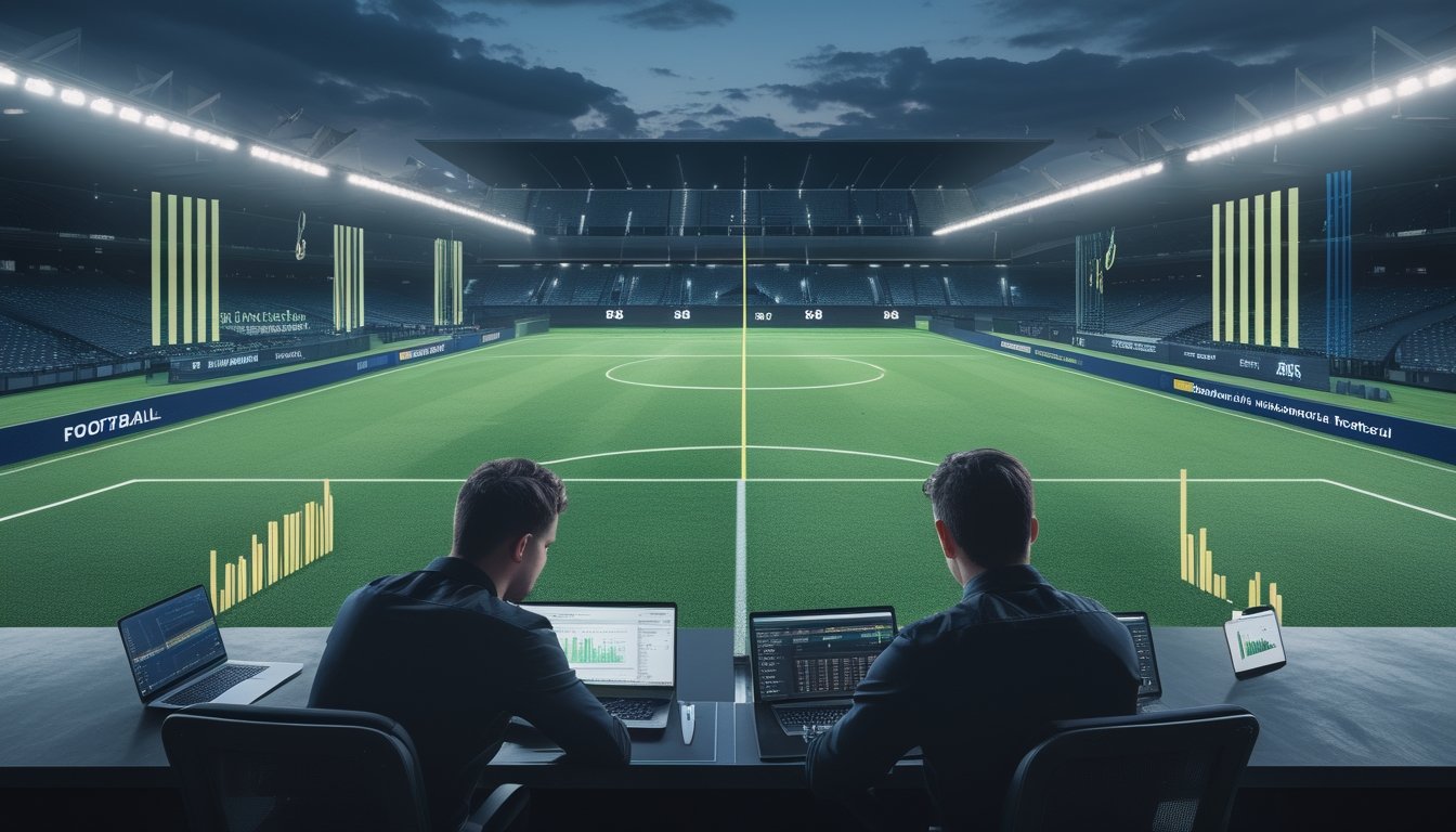 Analis dan penggemar sepak bola membandingkan data volume taruhan liga domestik Eropa dan turnamen internasional di layar digital.