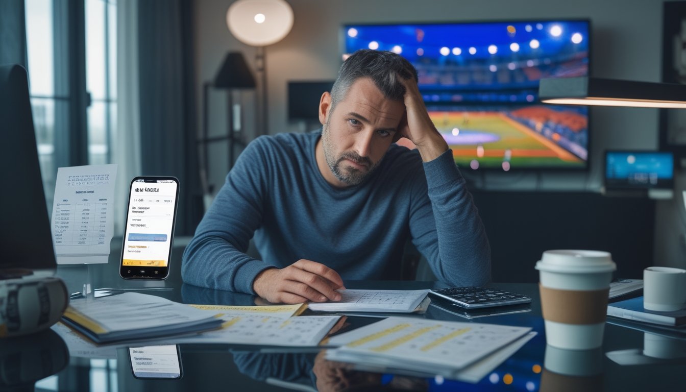 Penggemar sepak bola merenungkan lembar prediksi skor dan statistik pertandingan di meja.