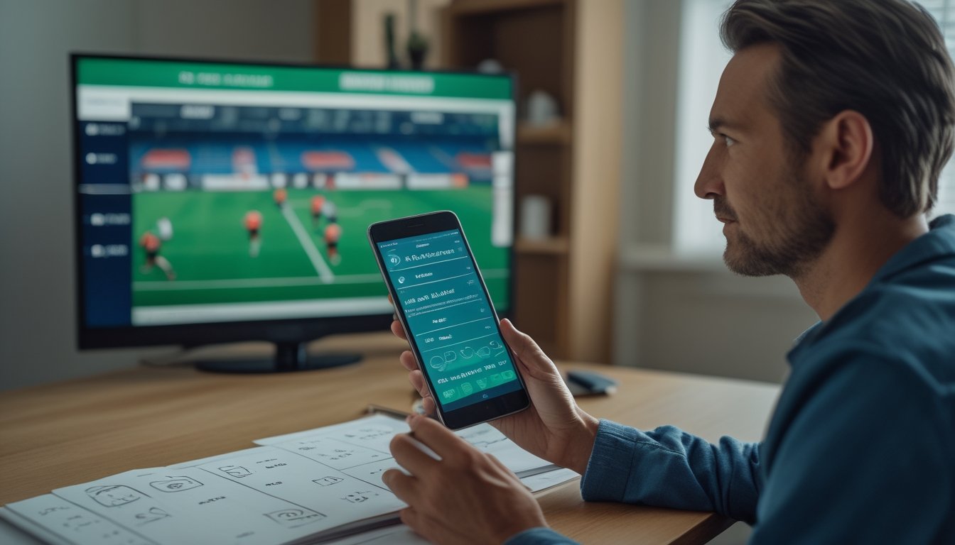 Seorang penggemar sepak bola merenungkan prediksi skor di meja setelah pertandingan, dengan hasil pertandingan terlihat samar di latar belakang.