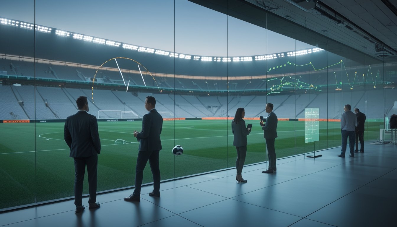 Tim analis merencanakan masa depan industri taruhan sepak bola di ruang kerja modern yang menghadap stadion kosong.