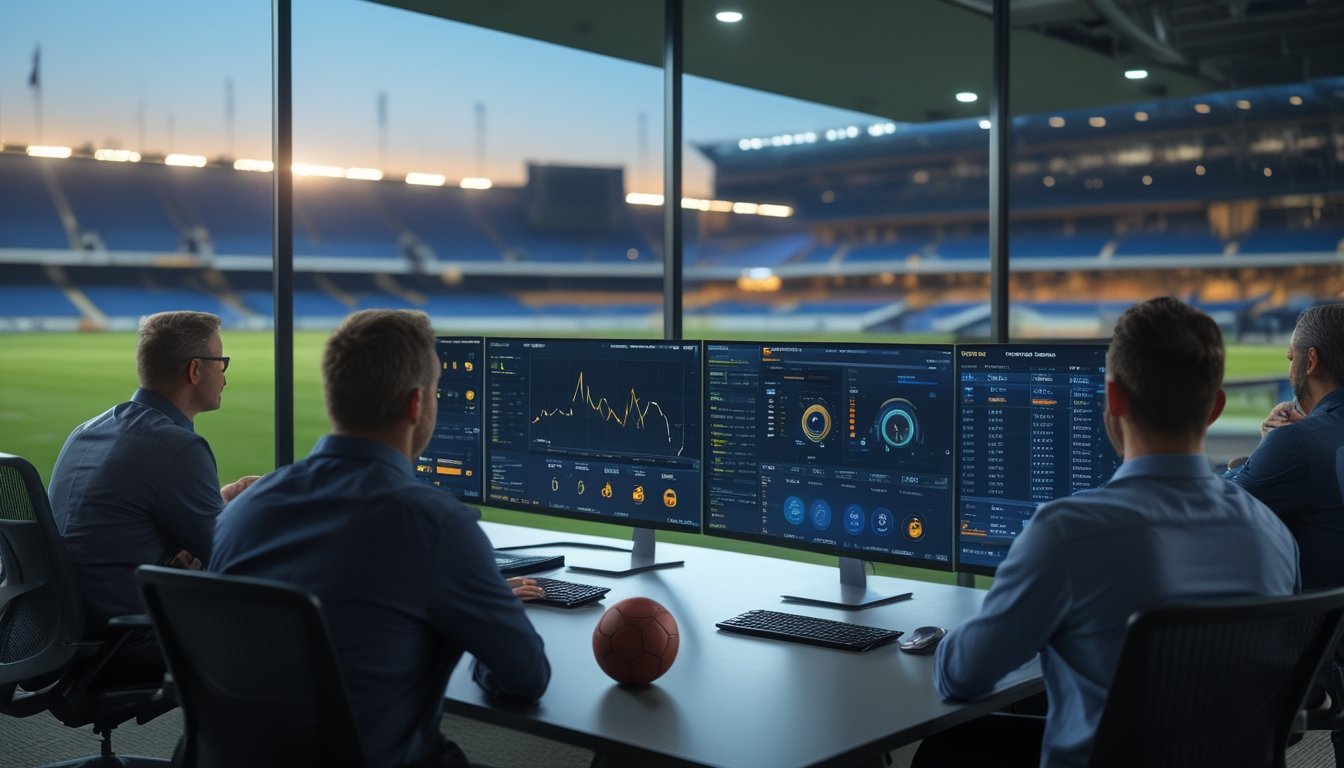 Analis sepak bola memantau perubahan pola data taruhan di kantor modern dengan stadion yang mulai sepi di latar belakang.