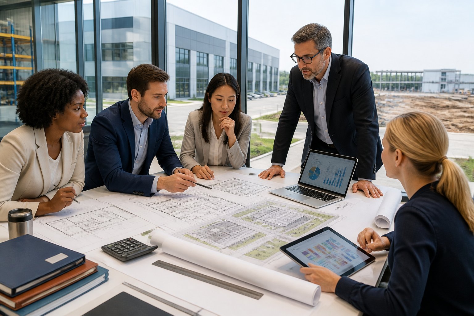 Business professionals review facility expansion plans around a conference table.