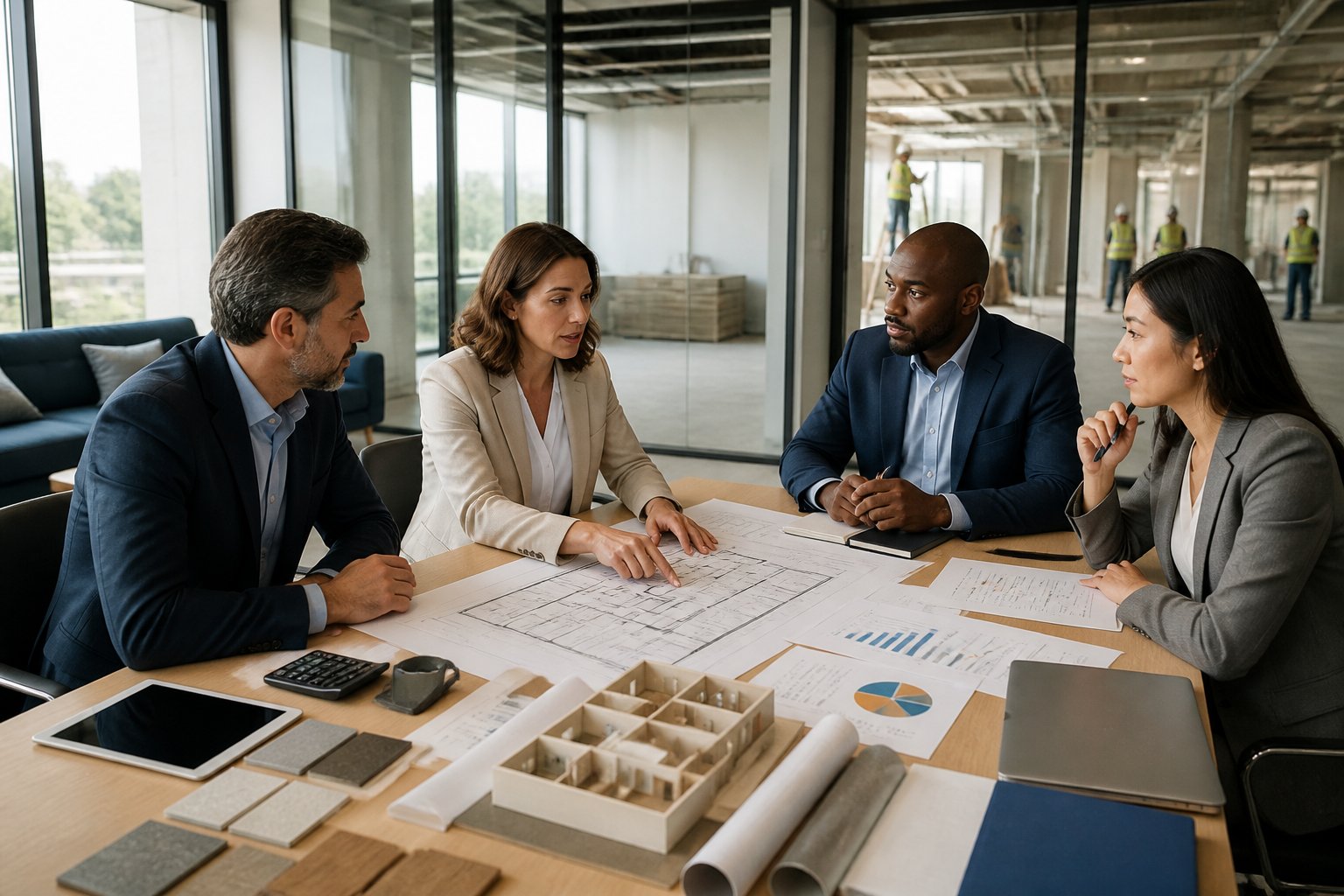 Business professionals review lease plans, renovation materials, and financial documents around a conference table in a commercial space.