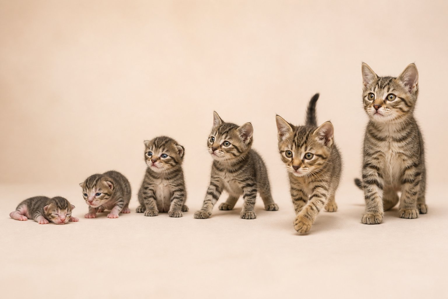 A sequence of kittens at different stages of growth, from newborn to juvenile.