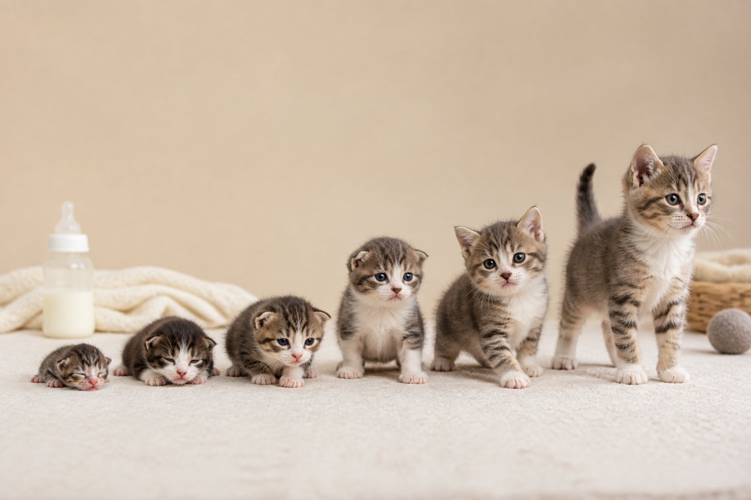 A sequence of kittens shown at different stages of growth from newborn to several weeks old.
