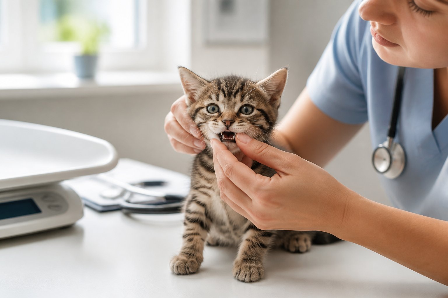 A veterinarian gently examines a young kitten on a clinic table to assess its age.