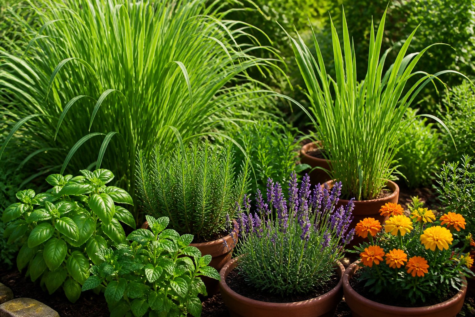 A sunlit garden collection of lavender, rosemary, basil, mint, marigolds, citronella grass, and lemongrass.