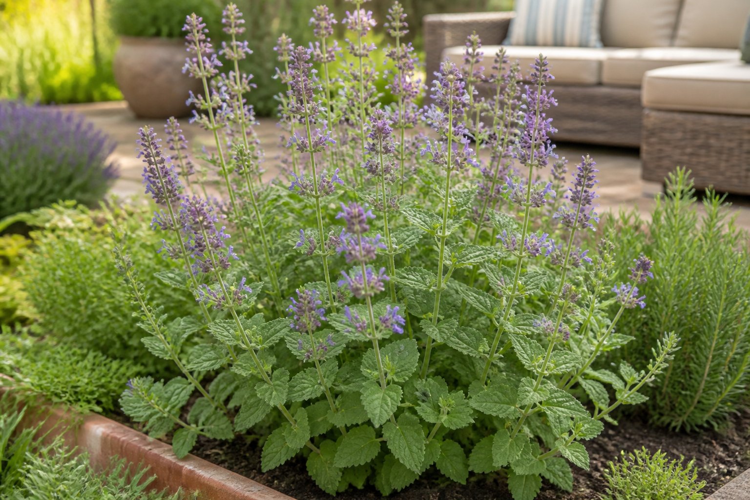 A flowering catnip plant growing in a sunny garden.