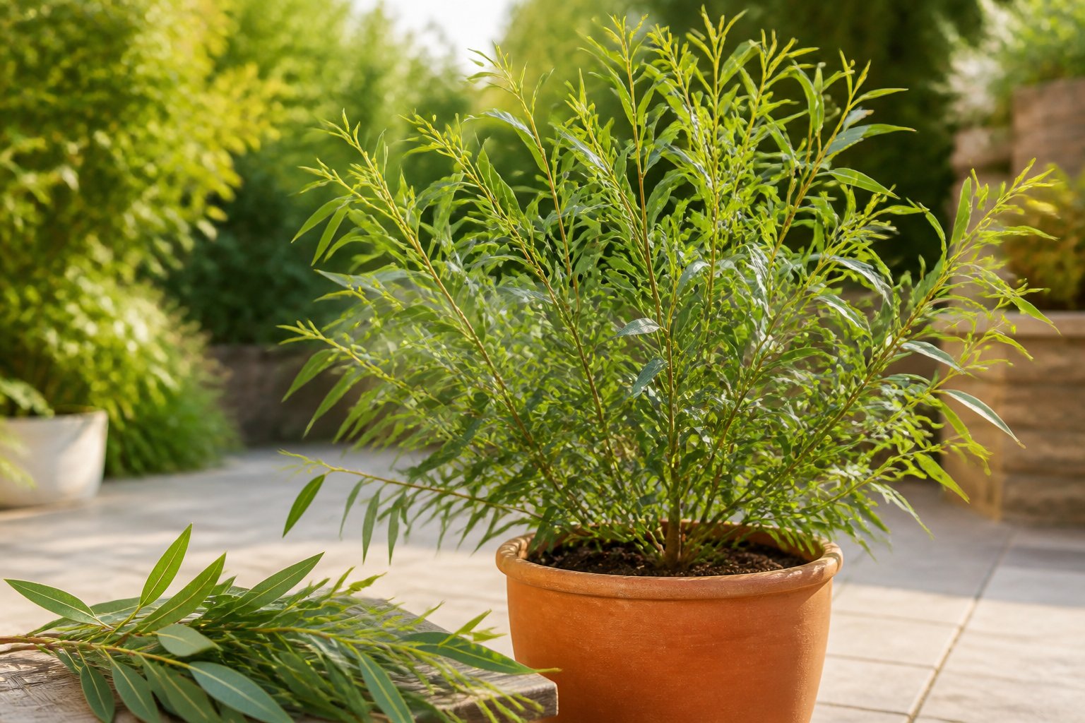 A lemon eucalyptus plant with fresh green leaves growing in a terracotta pot on a sunny patio.