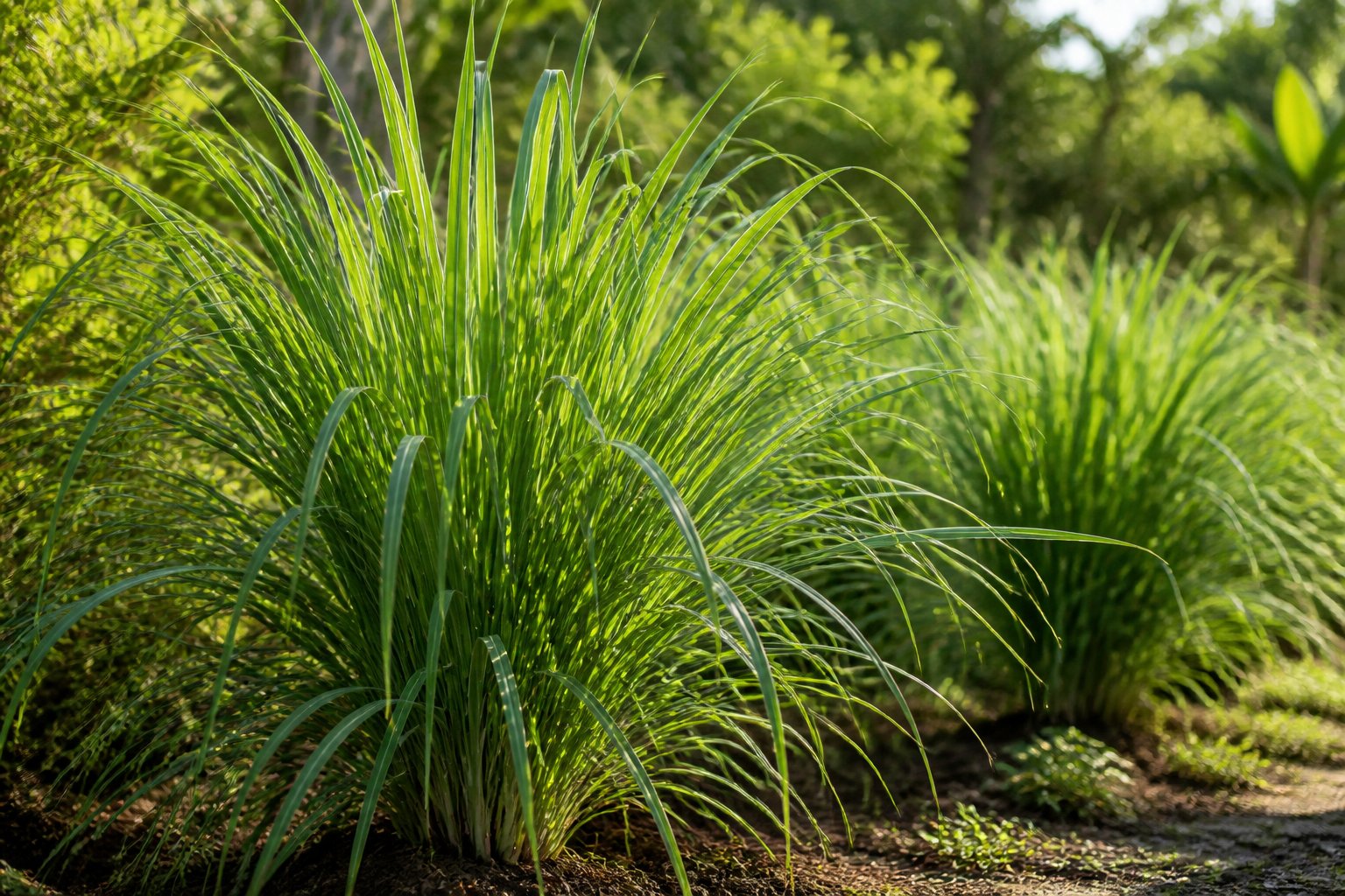 A clump of tall green citronella grass growing in a sunny garden.