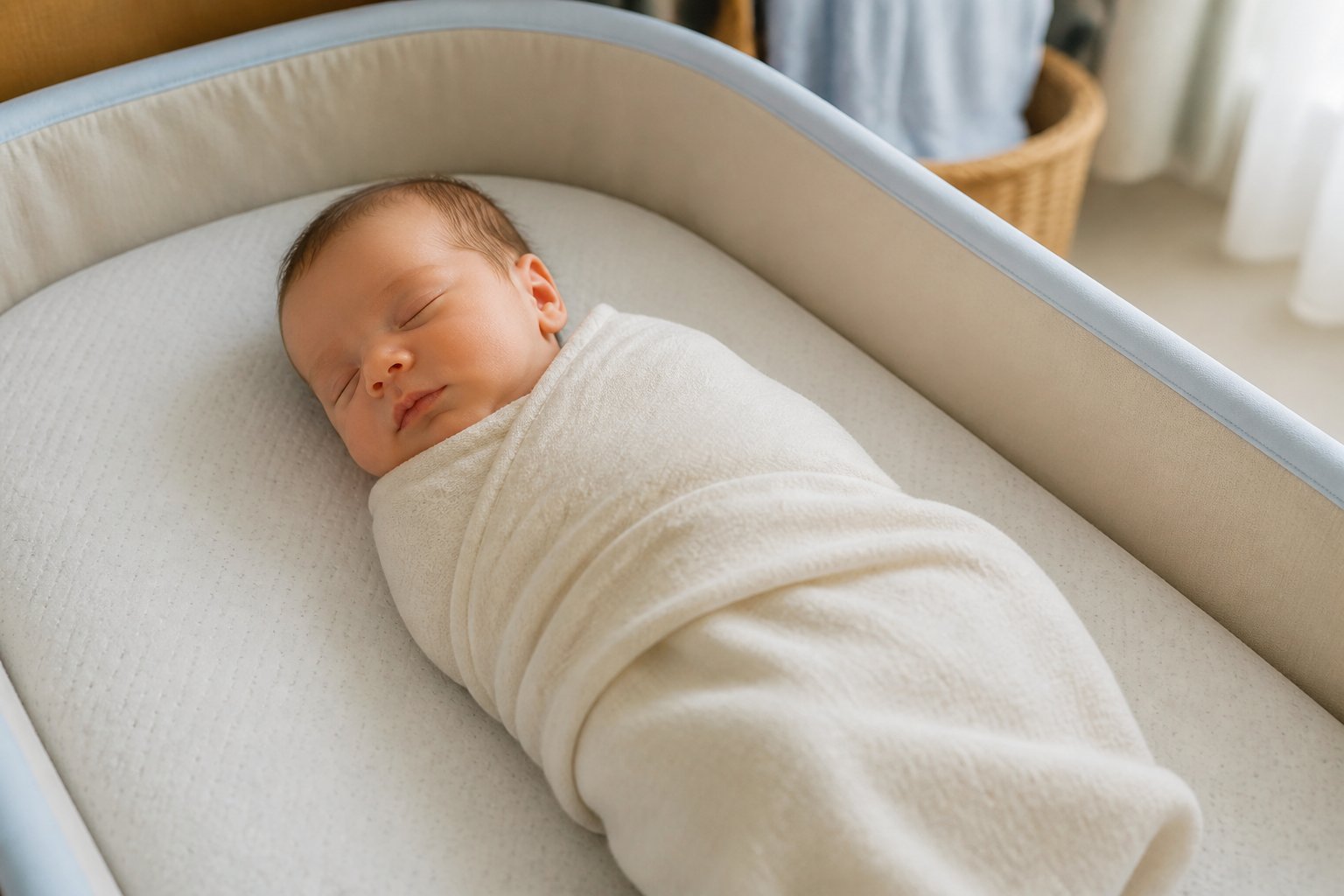 A peacefully sleeping newborn lies on their back in a bassinet.